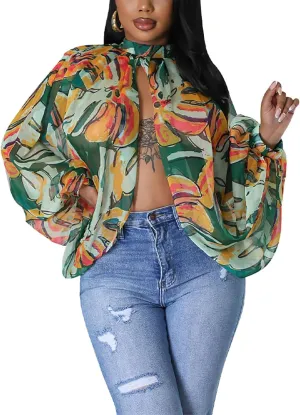 Ophestin Womens Print Sexy Open Back Sheer Chiffon Balloon Sleeve Shirt Blouse Tops Coverup