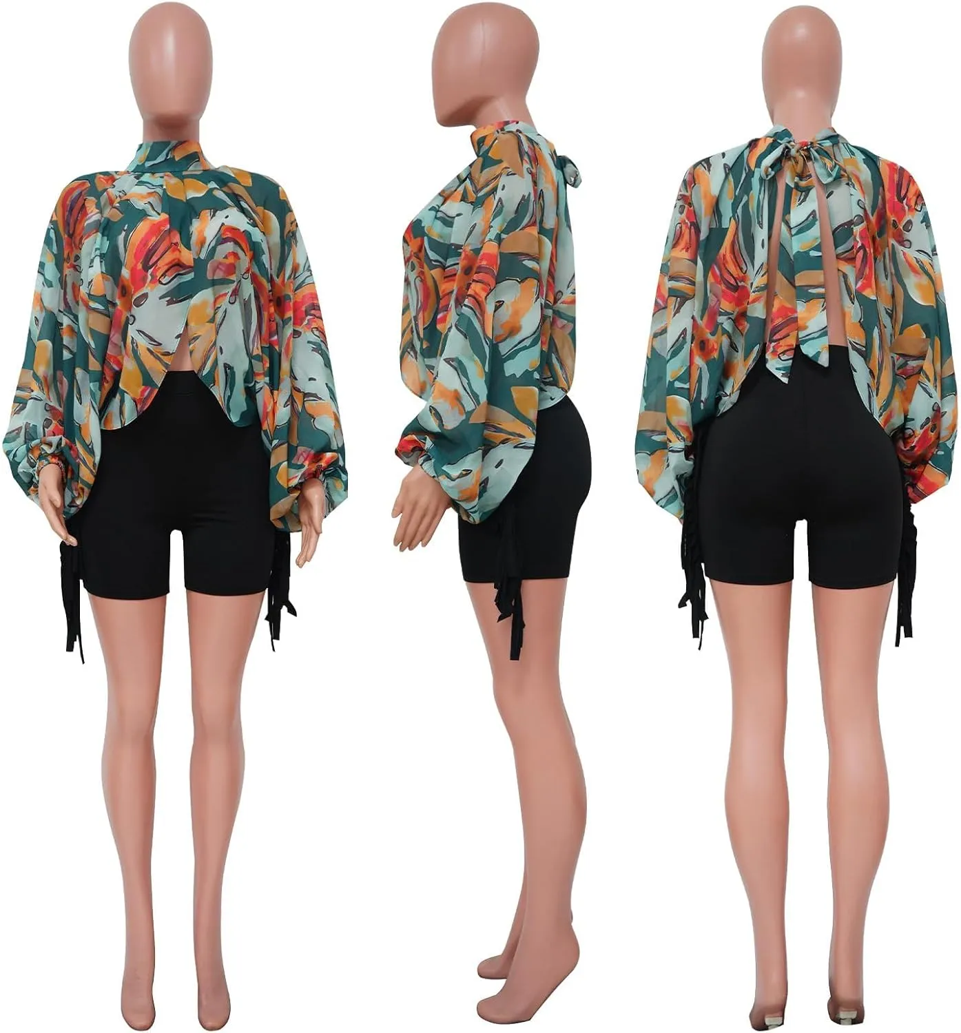 Ophestin Womens Print Sexy Open Back Sheer Chiffon Balloon Sleeve Shirt Blouse Tops Coverup