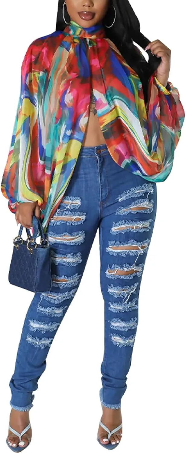Ophestin Womens Print Sexy Open Back Sheer Chiffon Balloon Sleeve Shirt Blouse Tops Coverup