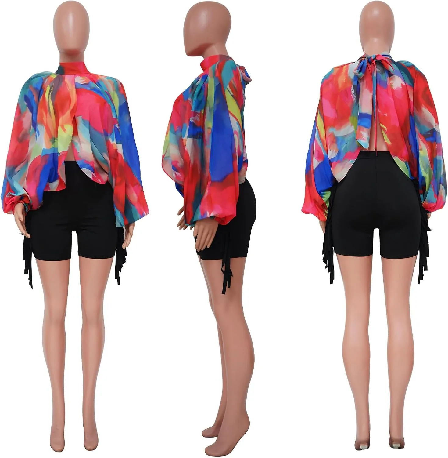 Ophestin Womens Print Sexy Open Back Sheer Chiffon Balloon Sleeve Shirt Blouse Tops Coverup