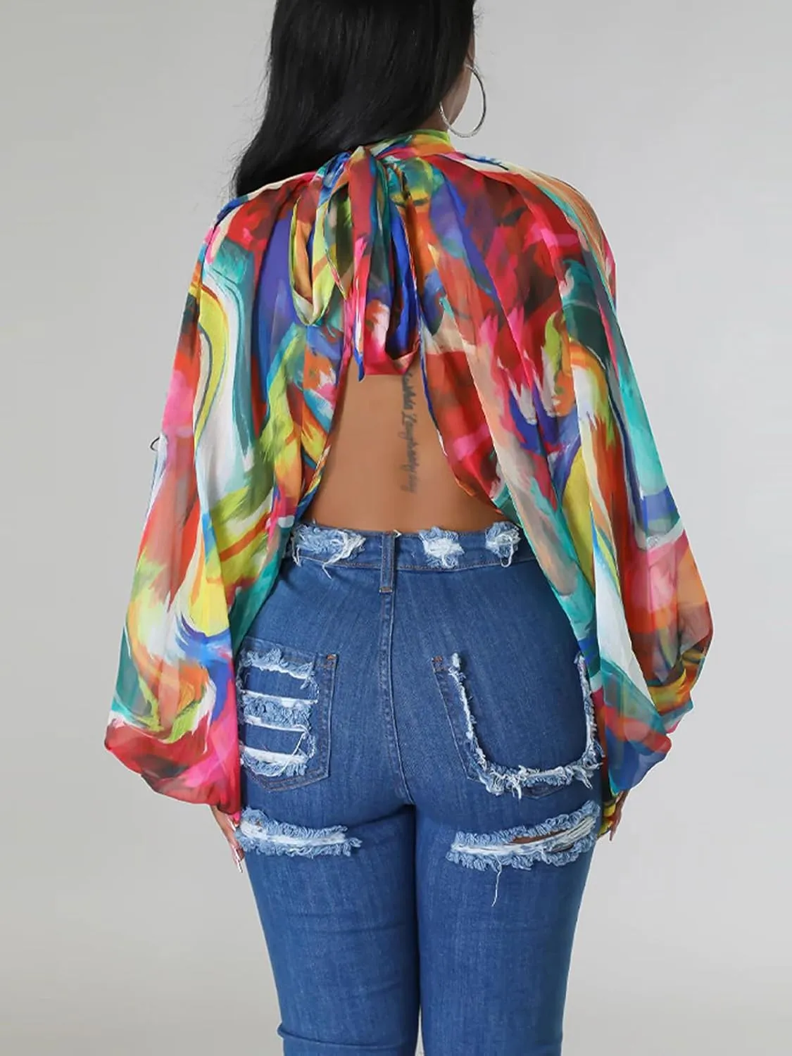 Ophestin Womens Print Sexy Open Back Sheer Chiffon Balloon Sleeve Shirt Blouse Tops Coverup