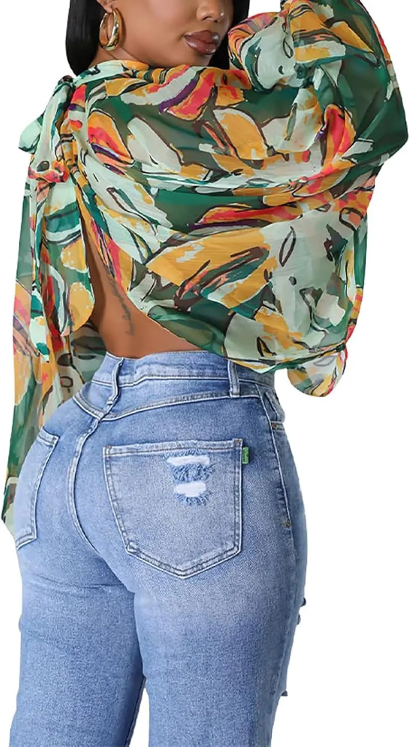 Ophestin Womens Print Sexy Open Back Sheer Chiffon Balloon Sleeve Shirt Blouse Tops Coverup