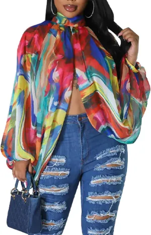 Ophestin Womens Print Sexy Open Back Sheer Chiffon Balloon Sleeve Shirt Blouse Tops Coverup