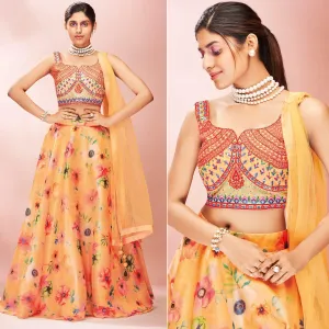 Orange Embellished With Printed Organza Lehenga Choli