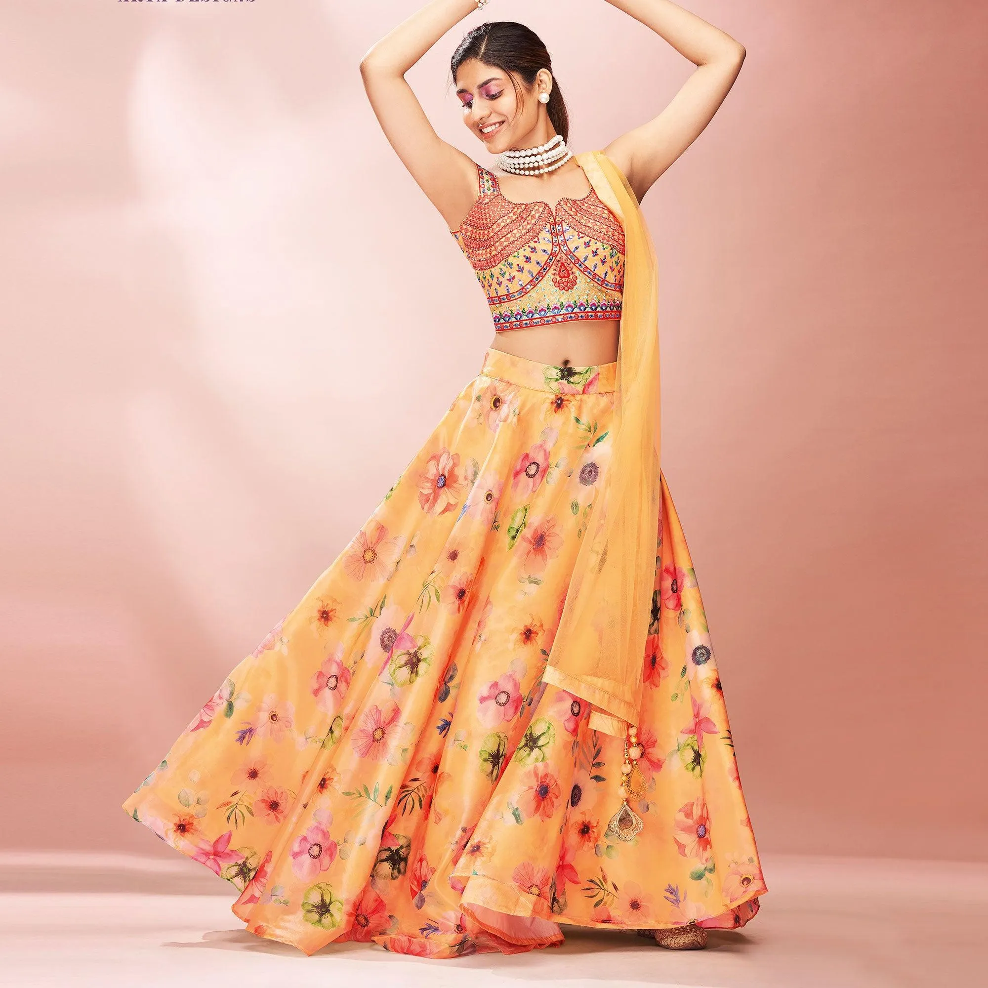 Orange Embellished With Printed Organza Lehenga Choli