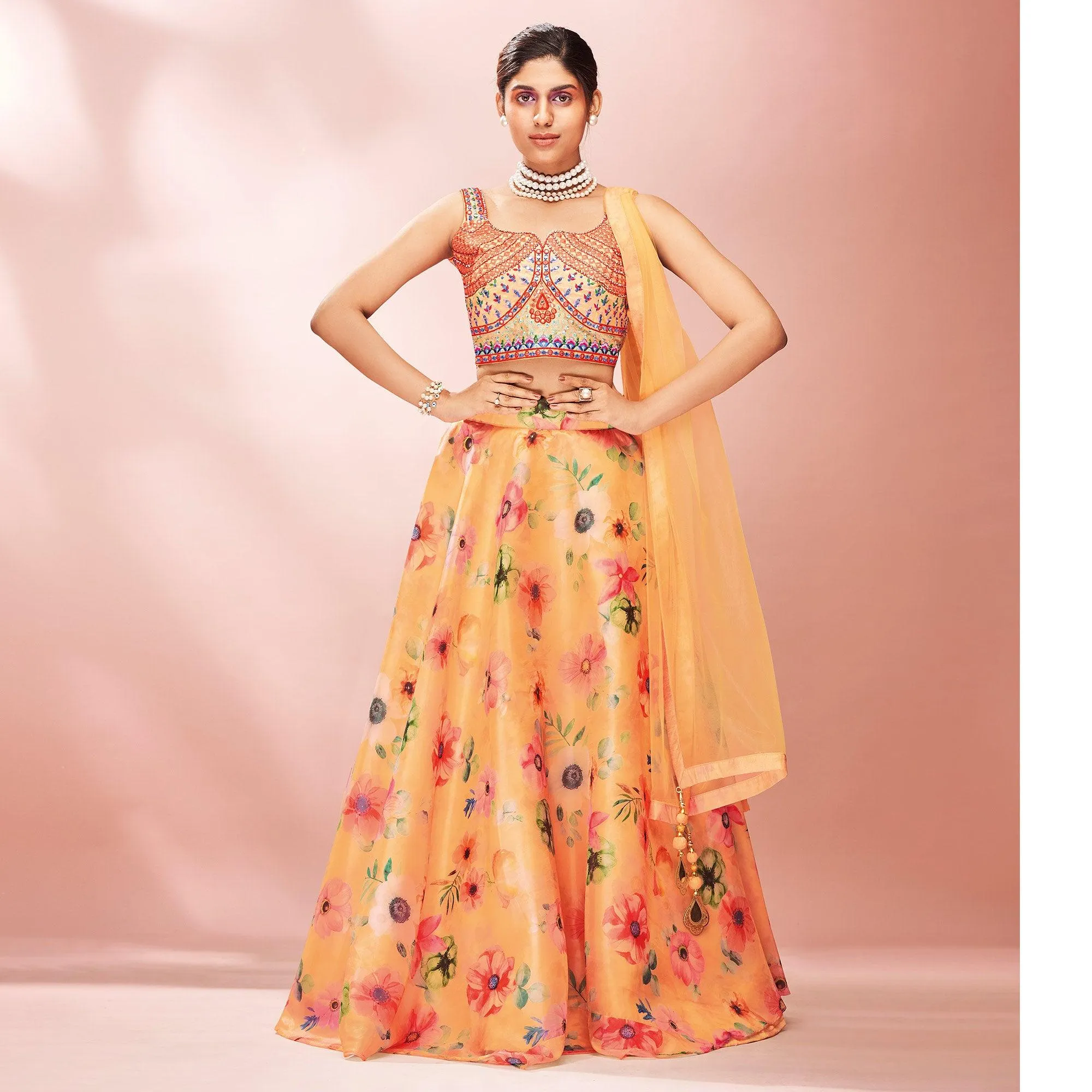 Orange Embellished With Printed Organza Lehenga Choli