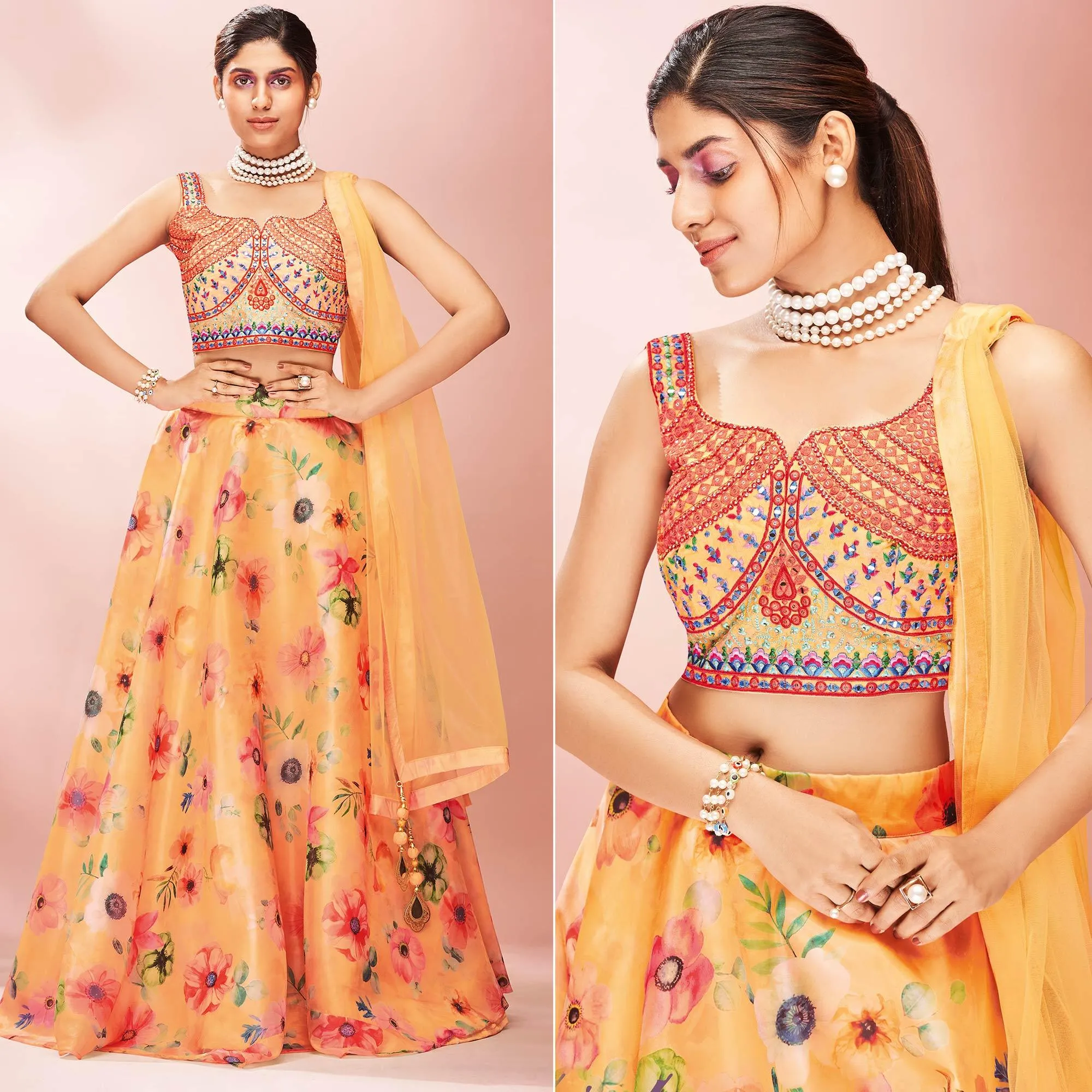 Orange Embellished With Printed Organza Lehenga Choli