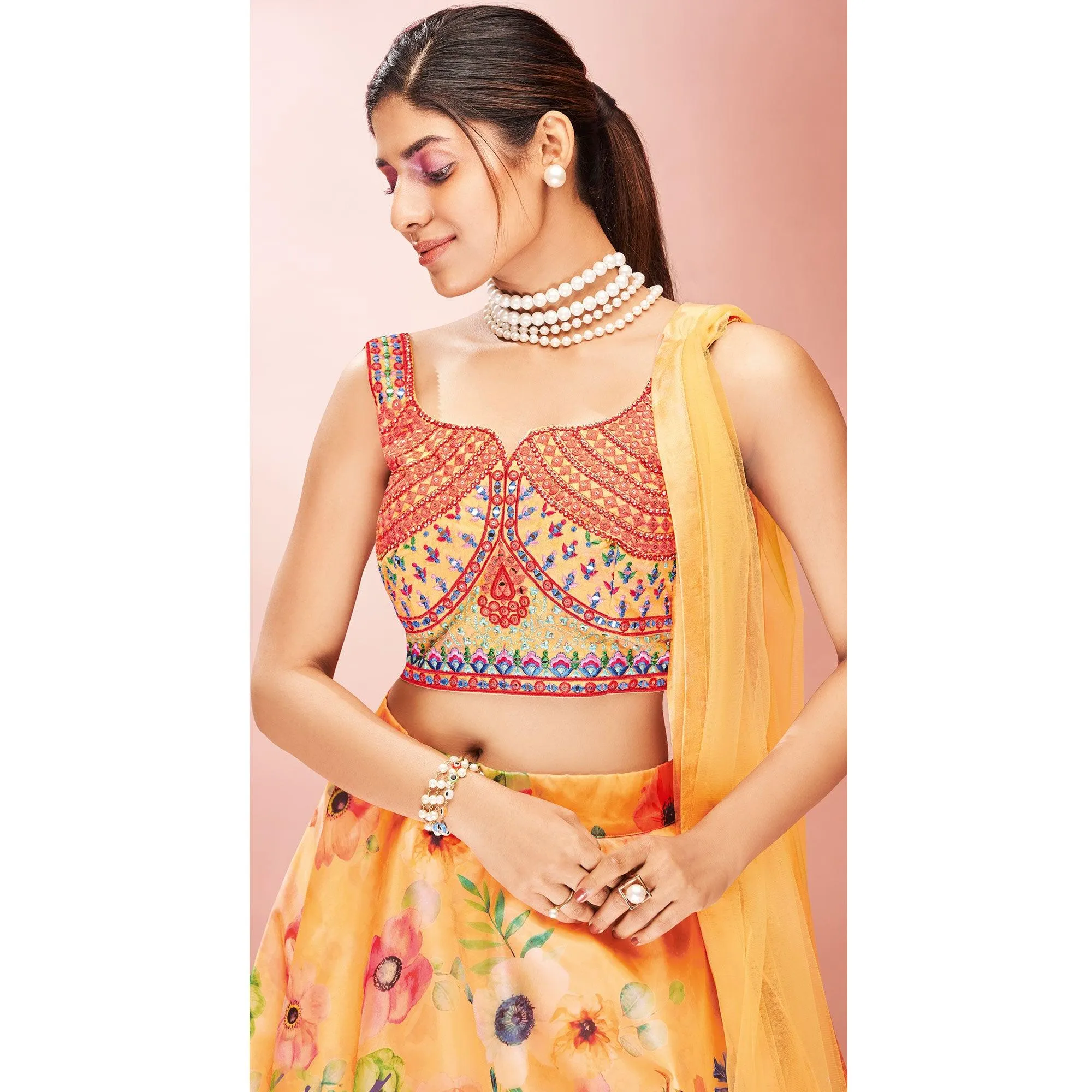Orange Embellished With Printed Organza Lehenga Choli