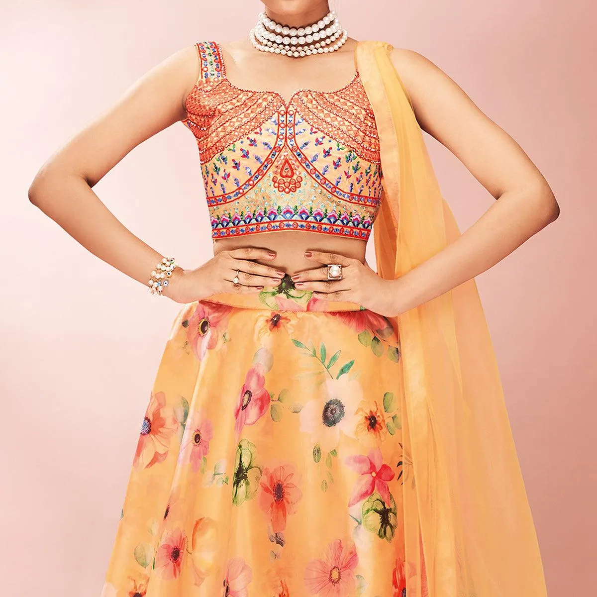 Orange Embellished With Printed Organza Lehenga Choli