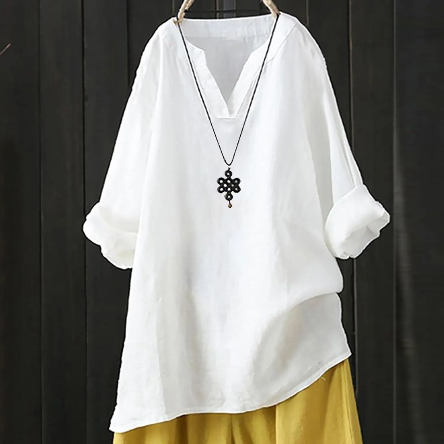 Oversized Crew Neck Linen Tops for Women Sleeve Collar Long Casual Women Shirt Women's Blouse Women's Swimwear Cover