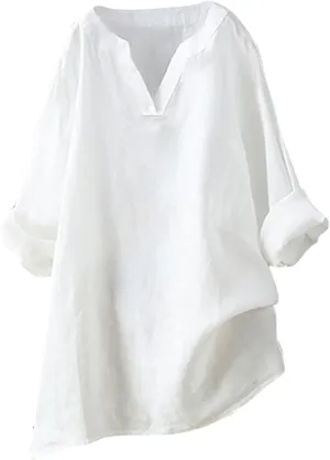 Oversized Crew Neck Linen Tops for Women Sleeve Collar Long Casual Women Shirt Women's Blouse Women's Swimwear Cover