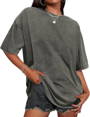 Oversized Tshirts for Women Short Sleeve Crew Neck Vintage Washed Basic Loose Casual Tees