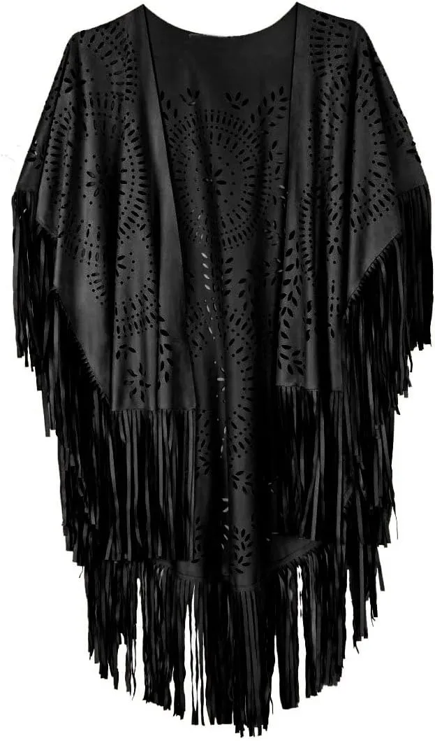 PERSUN Women's Faux Suede Kimono Cape Fringed Asymmetric Cover up Shawl Black