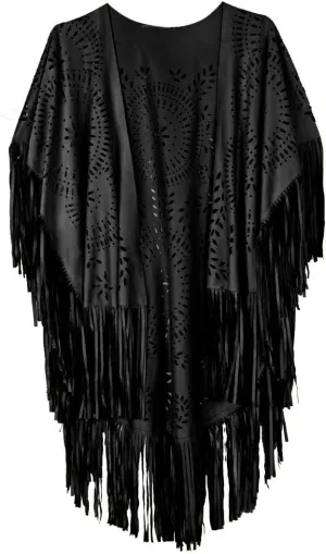 PERSUN Women's Faux Suede Kimono Cape Fringed Asymmetric Cover up Shawl Black