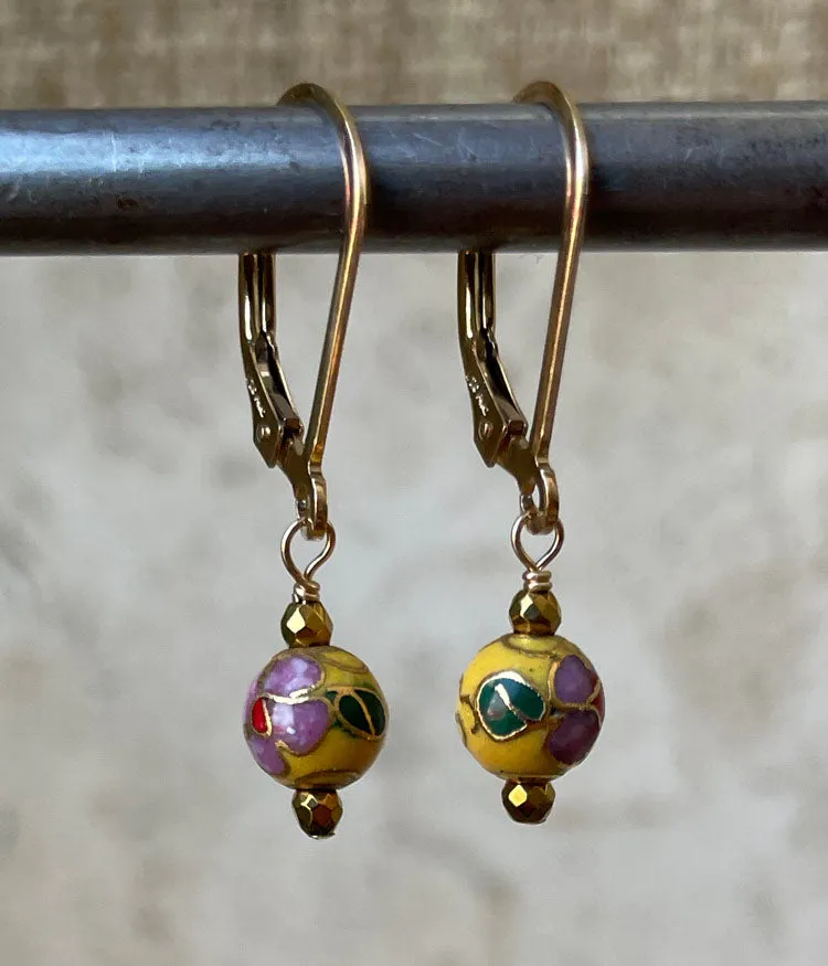 Petite Yellow Vintage Cloisonné Earrings