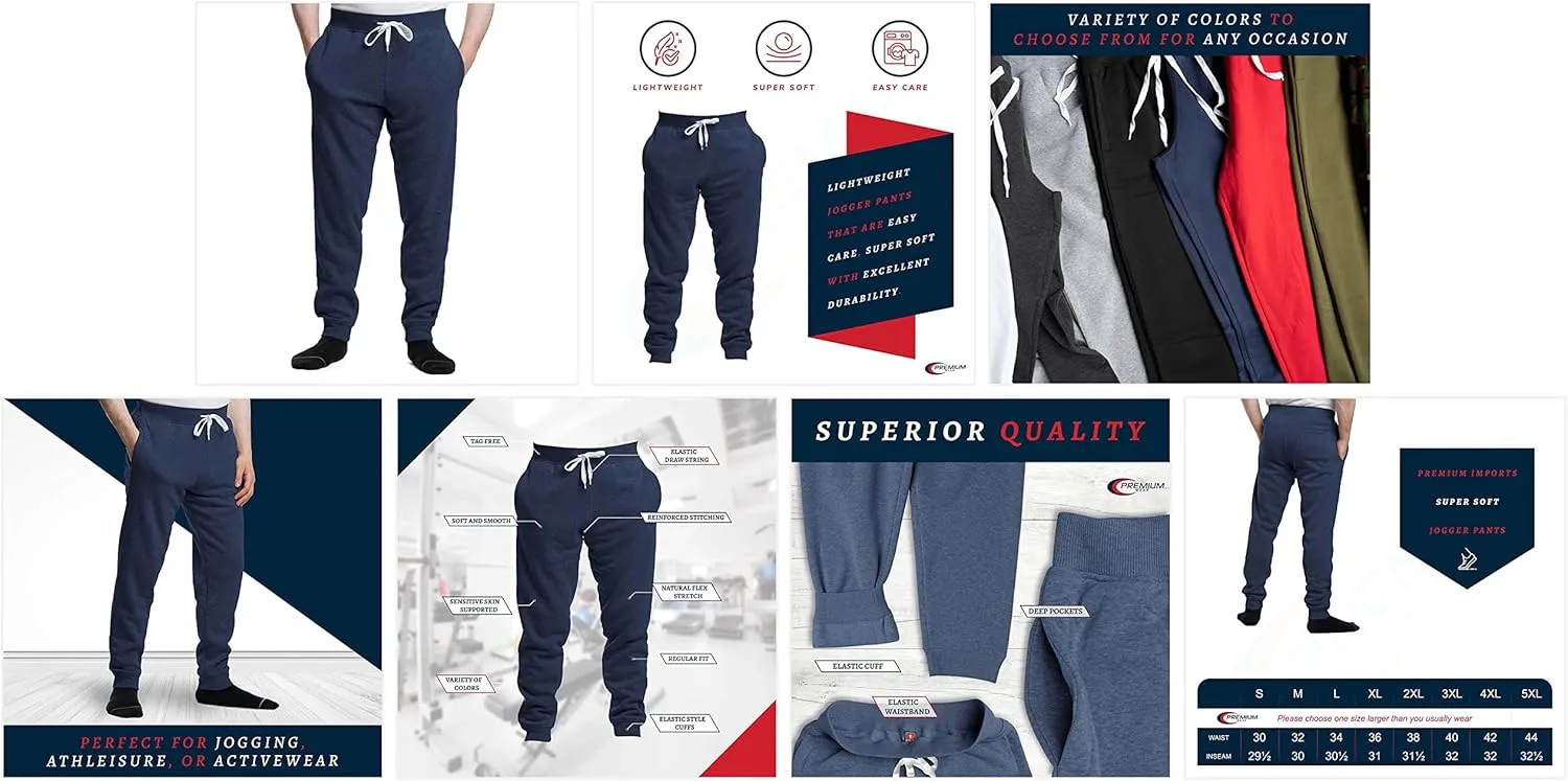 Premium Wear Mens Jogger Sweatpants - Lightweight, Super Soft, 100% Polyester | Elastic Drawstring, Deep Pockets, Tag-Free