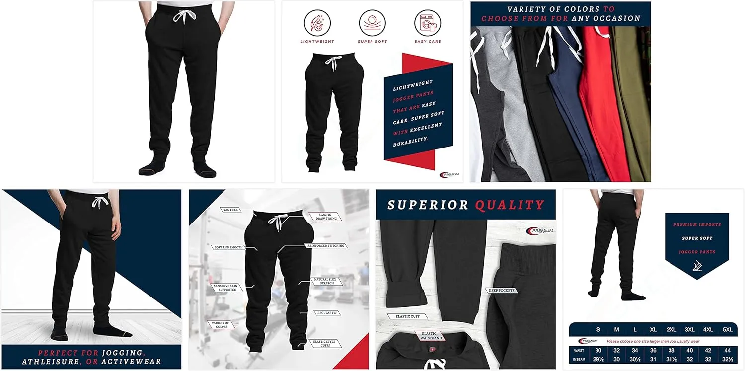 Premium Wear Mens Jogger Sweatpants - Lightweight, Super Soft, 100% Polyester | Elastic Drawstring, Deep Pockets, Tag-Free