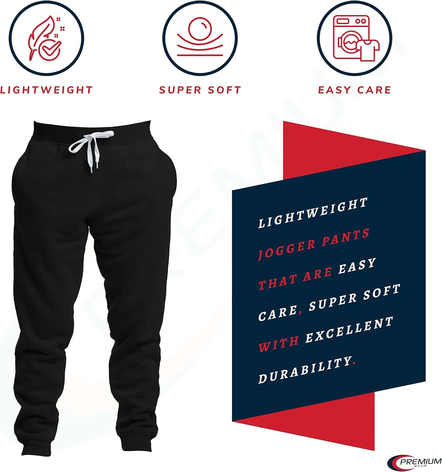 Premium Wear Mens Jogger Sweatpants - Lightweight, Super Soft, 100% Polyester | Elastic Drawstring, Deep Pockets, Tag-Free