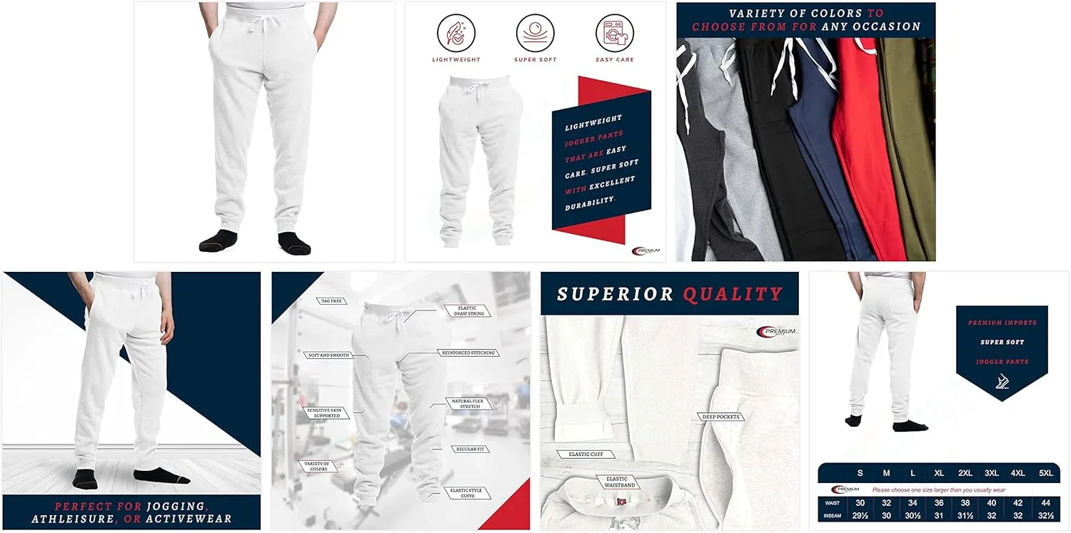 Premium Wear Mens Jogger Sweatpants - Lightweight, Super Soft, 100% Polyester | Elastic Drawstring, Deep Pockets, Tag-Free