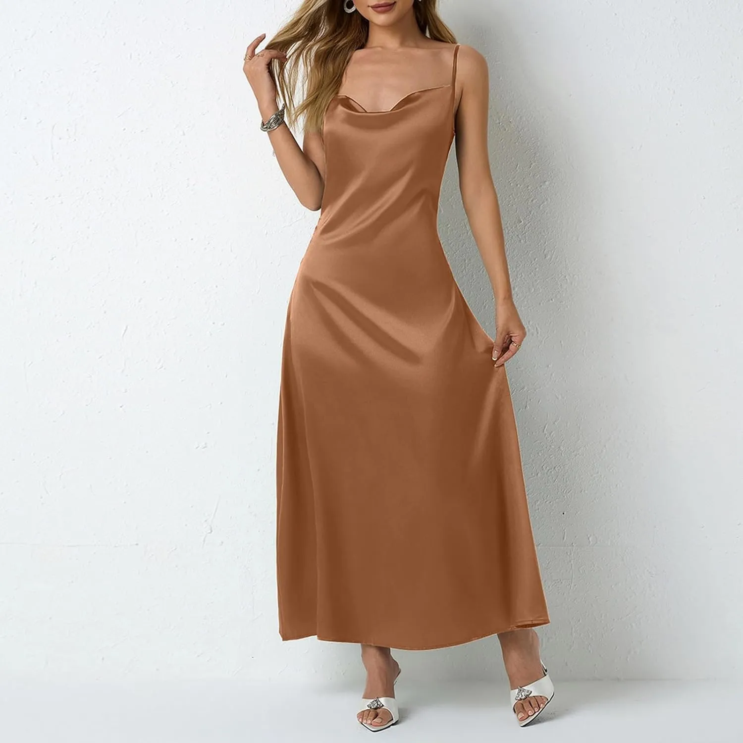 Satin Cocktail Dresses for Women 2025 Long Maxi Coctail Slip Dress Sleeveless Cowl Neck Adjustable Spaghetti Strap Dress