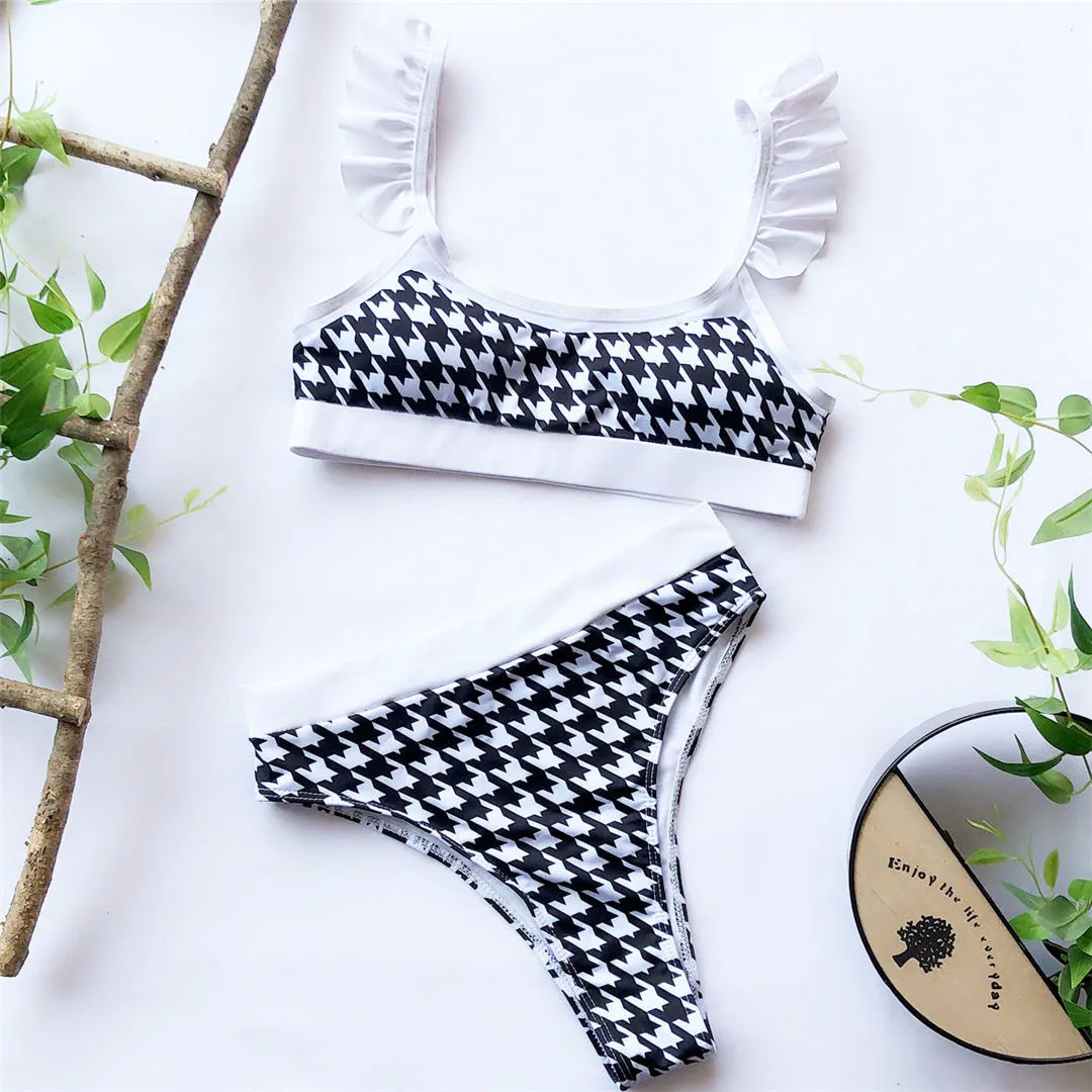Sexy Plaid Ruffled Female Swimsuit High Waist Bikini Women Swimwear Two-piece Bikini set Bather Bathing Suit Swim Lady V1714