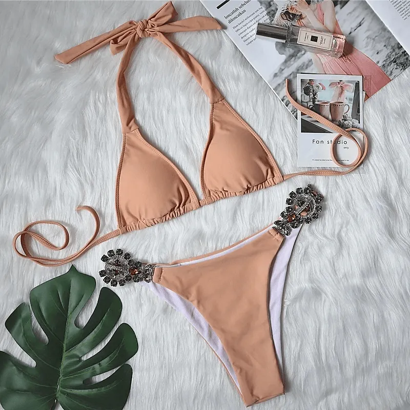 Sexy Women's Side Rhinestone Beach Bikini Set - SF1880
