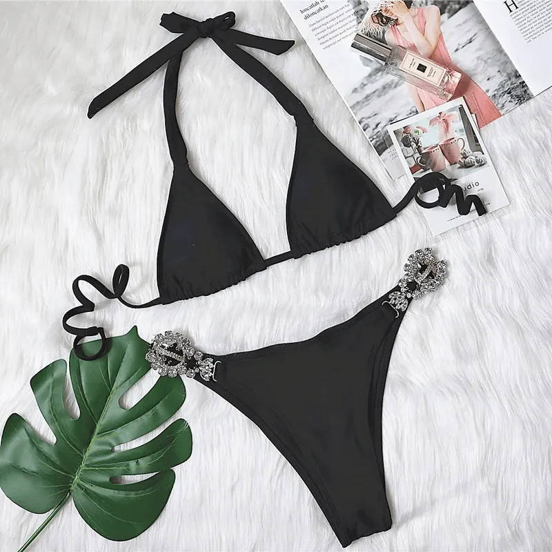 Sexy Women's Side Rhinestone Beach Bikini Set - SF1880