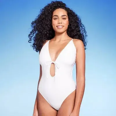 Shade & Shore Women's Plunge One Piece Swimsuit Tie-Front Swimwear