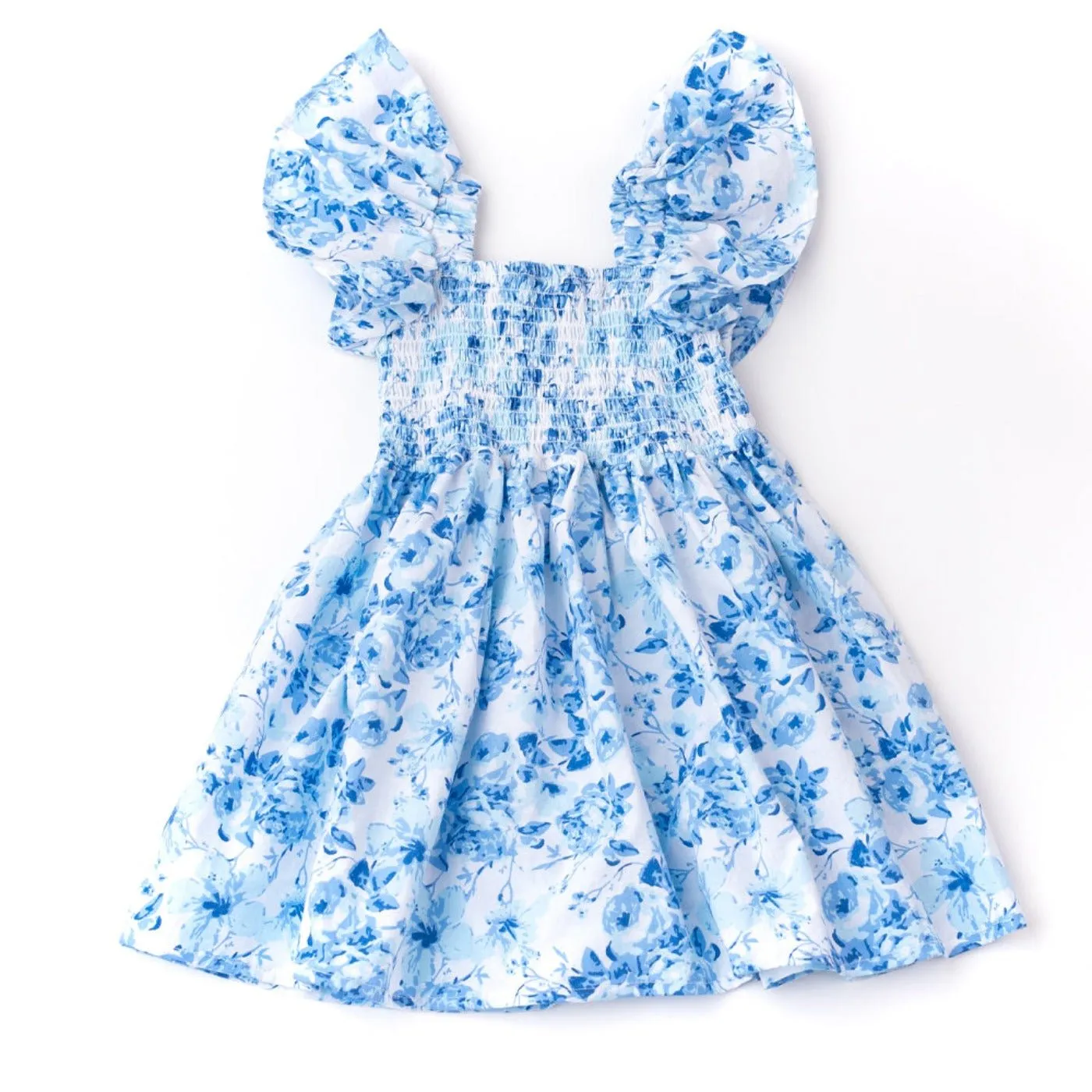 Shade Critters Blue Hibiscus Rose Flutter Sleeve Smocked Dress