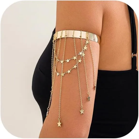 Simple Multi-layered Star Tassel Chain Upper Arm Bracelet Summer Beach Adjustable Open Arm Cuff Bangle Bracelets Bikini Star Armlet Body Jewelry for Women
