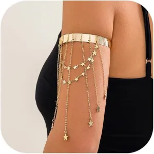 Simple Multi-layered Star Tassel Chain Upper Arm Bracelet Summer Beach Adjustable Open Arm Cuff Bangle Bracelets Bikini Star Armlet Body Jewelry for Women