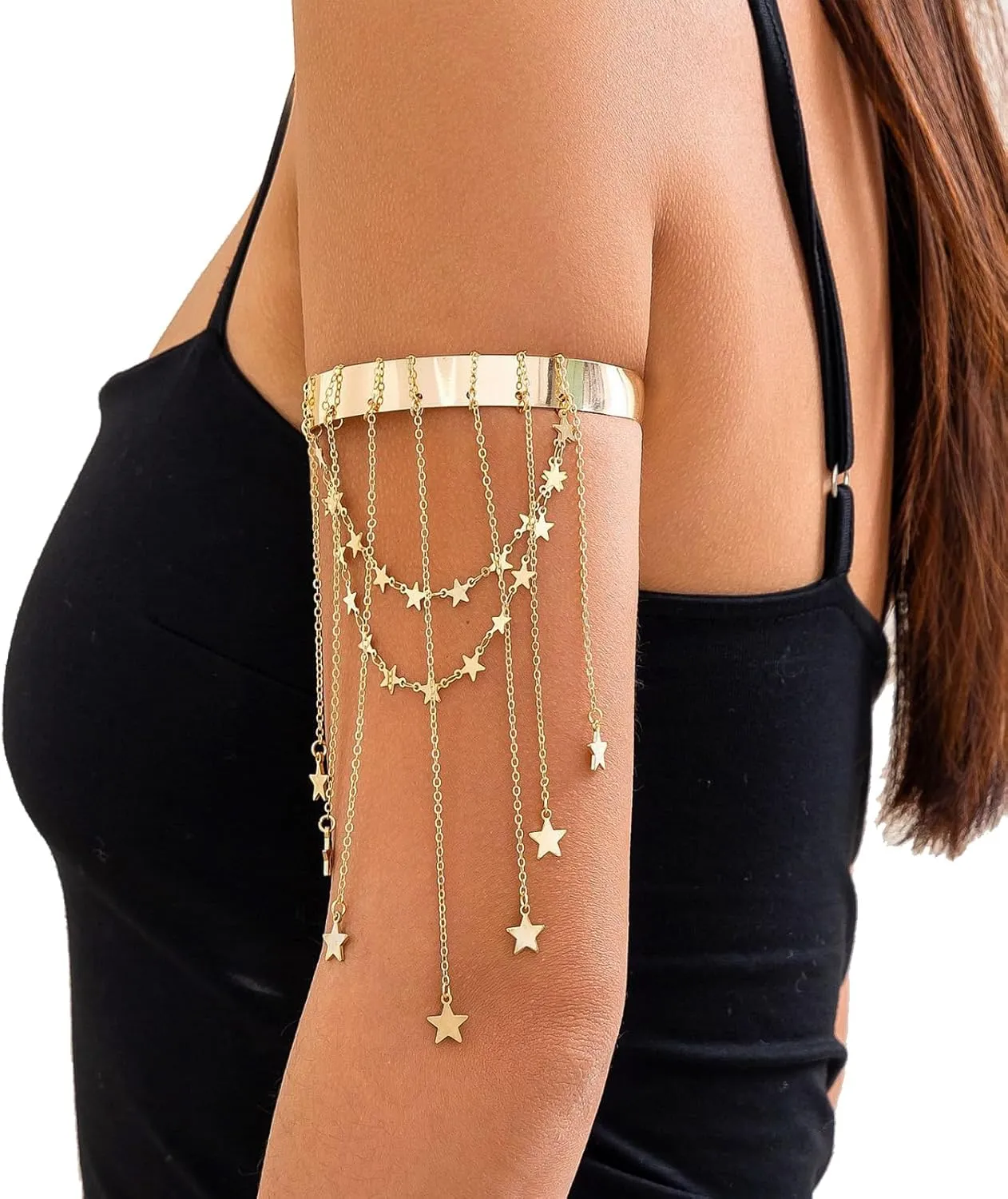 Simple Multi-layered Star Tassel Chain Upper Arm Bracelet Summer Beach Adjustable Open Arm Cuff Bangle Bracelets Bikini Star Armlet Body Jewelry for Women