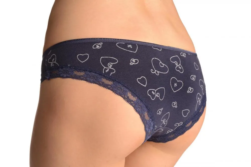 Soft Cotton With Lace Trim & Glitter Hearts Green Navy Blue High Leg Brazilian