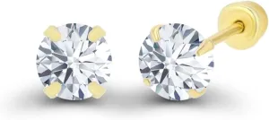 Solid 14k Yellow Gold Hypoallergenic AAA Cubic Zirconia Solitaire Screw Back Stud Earrings Secure Screw On Backs, 3mm-7mm