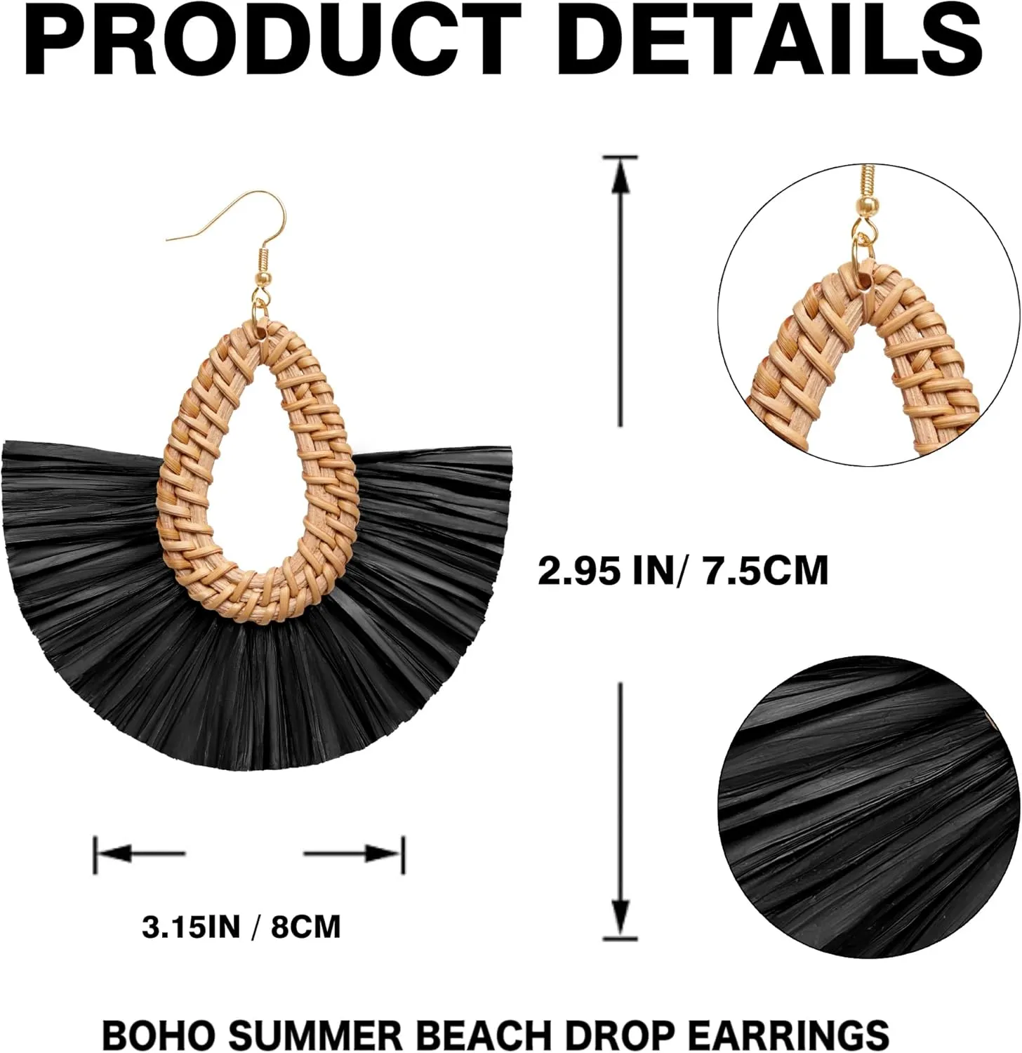 Statement Raffia Tassel Earrings Boho Summer Beach Earrings Lightweight Straw Wicker Dangle Drop Earrings Trendy Rattan Fringe Jewelry for Women