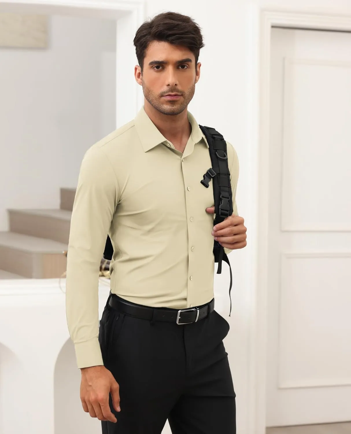 Stretch Mens Dress Shirts Long Sleeve Slim Fit Dress Shirts for Men Muscle Fit Wrinkle Free Button Down Shirt