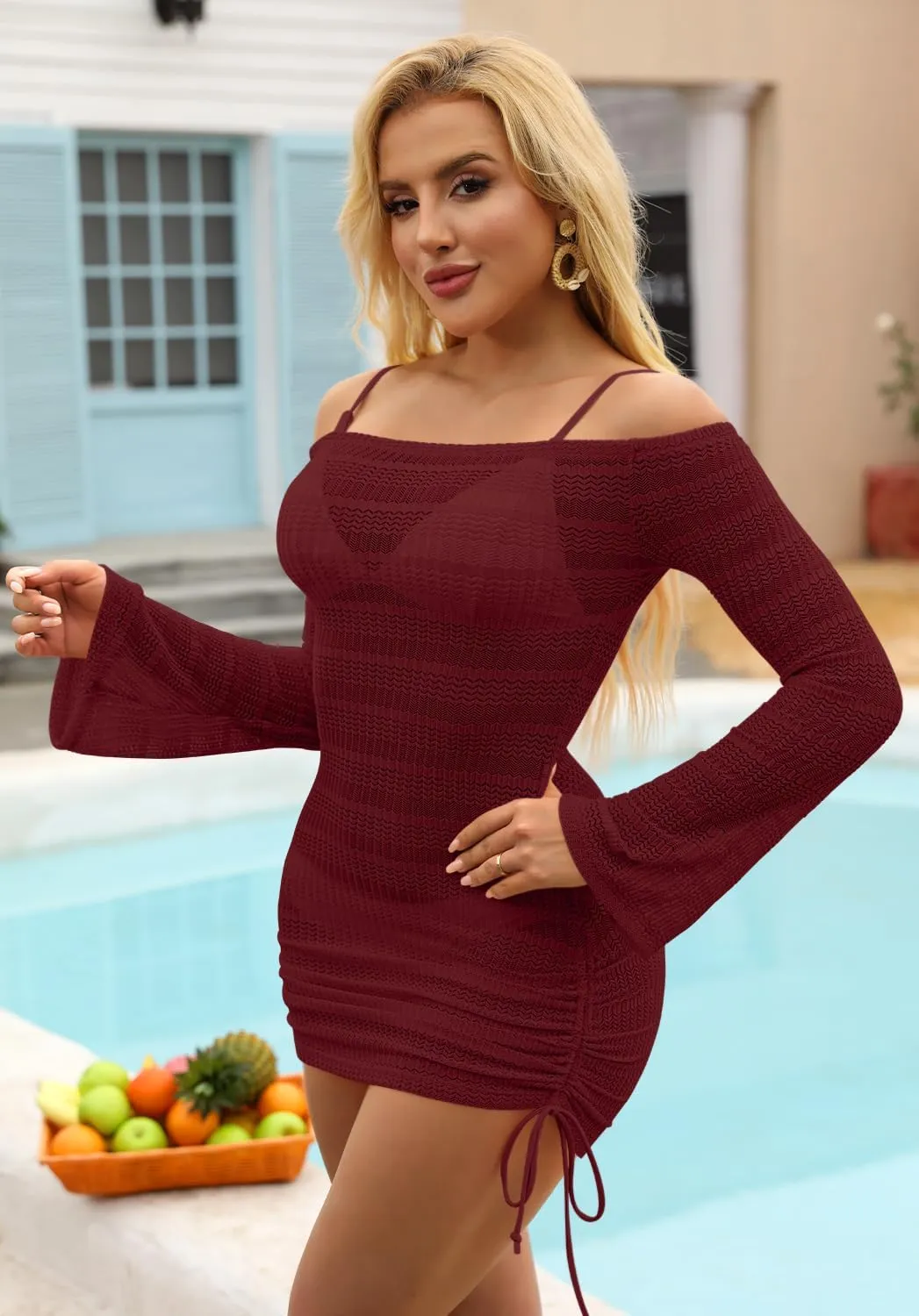 Summer Women's Sexy Mesh Hollow Out Off Shoulder Bathing Suit Coverups Long Bell Sleeve Ruched Drawstring Swimsuit