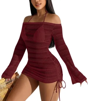 Summer Women's Sexy Mesh Hollow Out Off Shoulder Bathing Suit Coverups Long Bell Sleeve Ruched Drawstring Swimsuit
