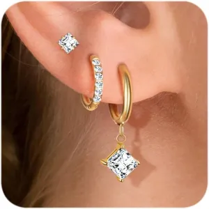 Surgical Steel Small Huggie Hoop Earrings Set 14K Gold Plated Hypoallergenic CZ Stud Earrings for Women Waterproof and Non Tarnish