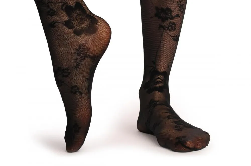 Transparent Black Mesh With Black Opaque Flowers