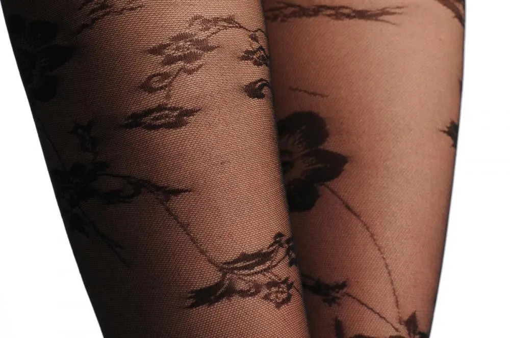 Transparent Black Mesh With Black Opaque Flowers
