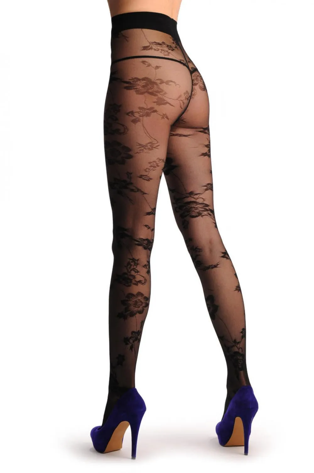 Transparent Black Mesh With Black Opaque Flowers