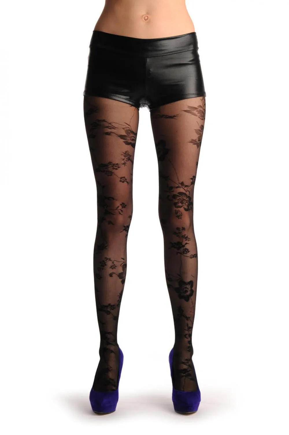 Transparent Black Mesh With Black Opaque Flowers