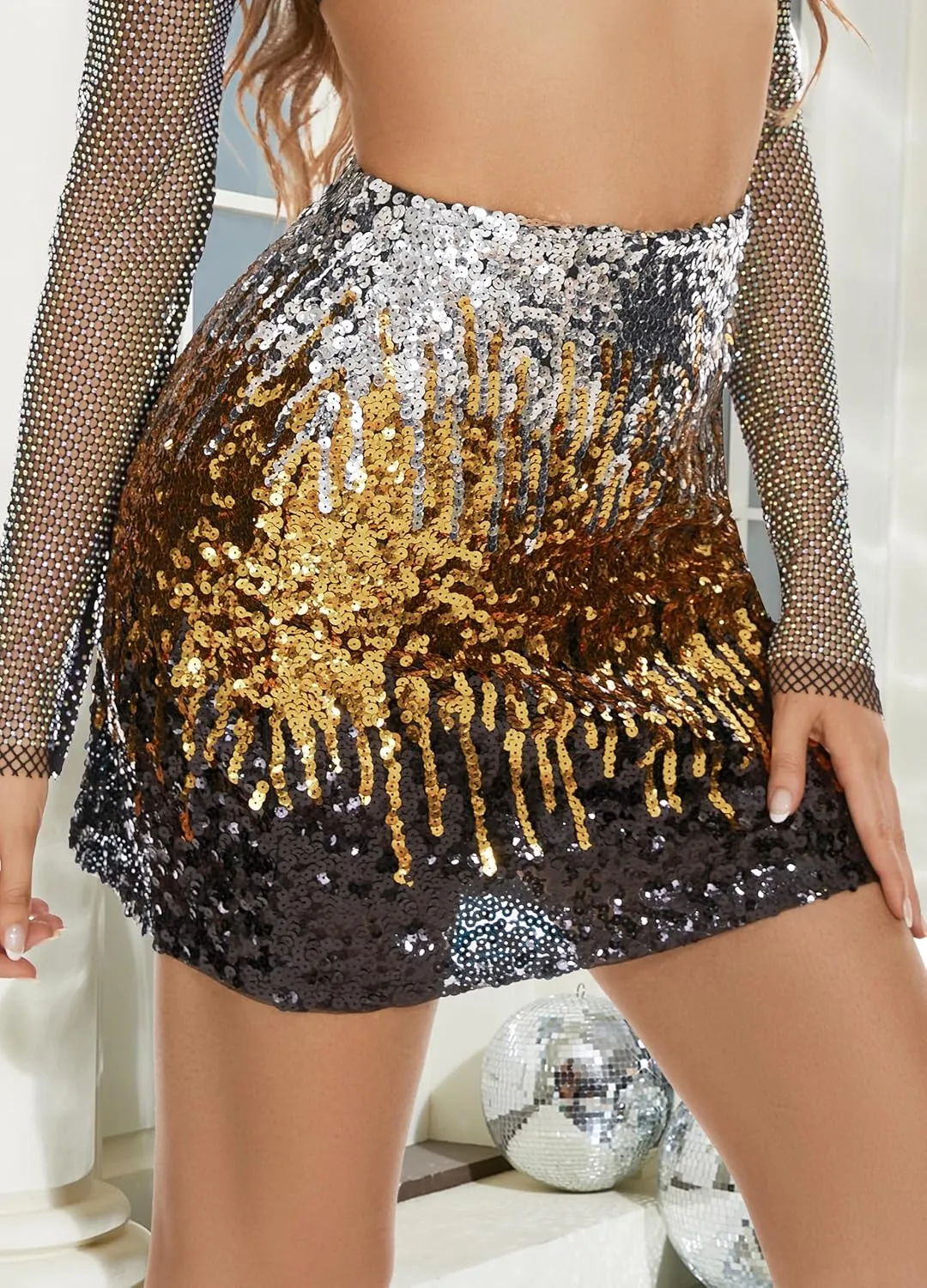 TYNORA Women's Shiny Fringe Rhinestone Slit Hem High Waisted Sexy Bodycon Mini Skirt Dance Party Dress