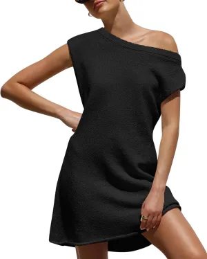 Wenrine Womens Off The Shoulder Summer Dress Casual Crewneck Sleeveless Loose Fit Knit Beach Mini Dresses