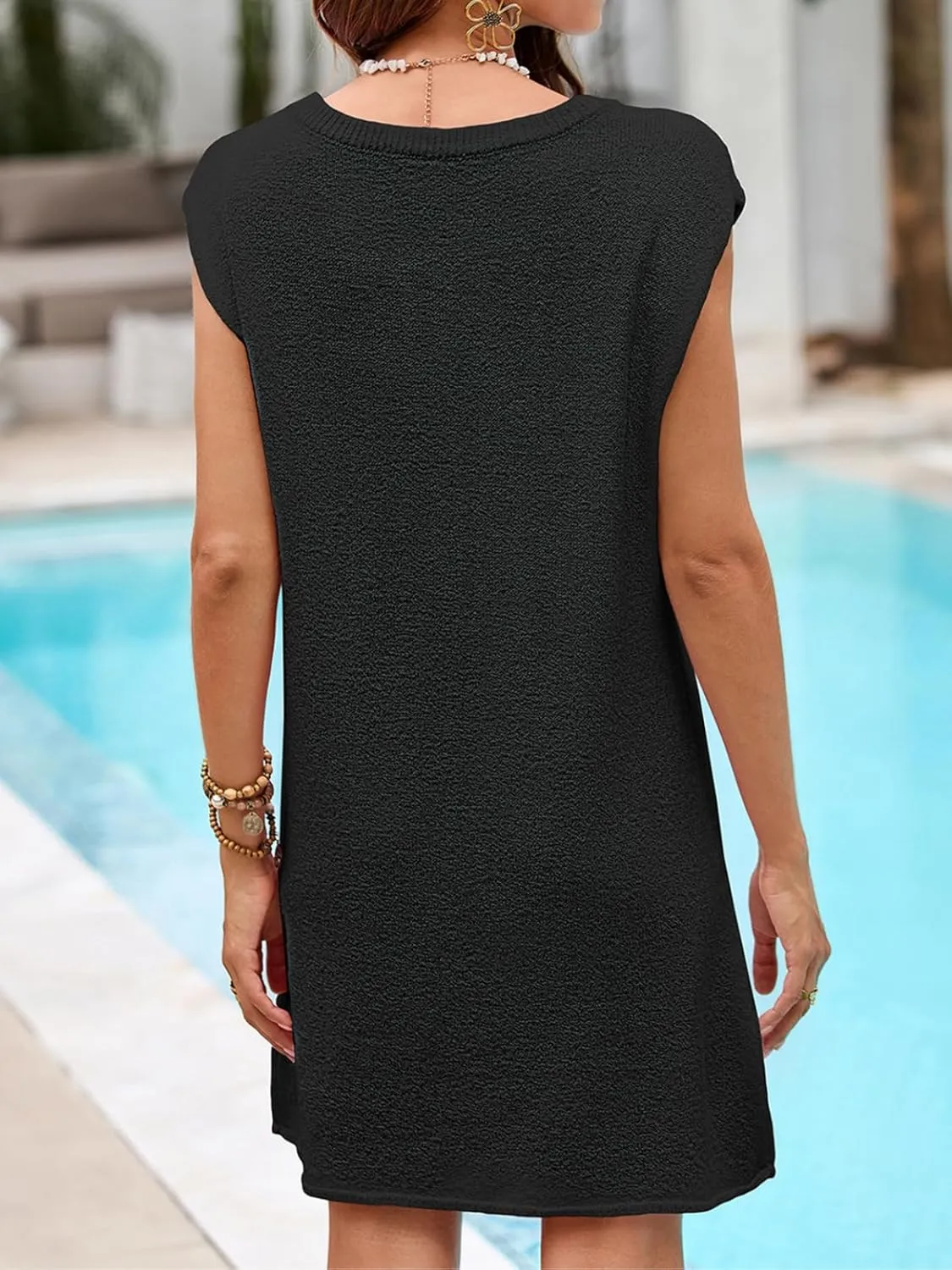 Wenrine Womens Off The Shoulder Summer Dress Casual Crewneck Sleeveless Loose Fit Knit Beach Mini Dresses