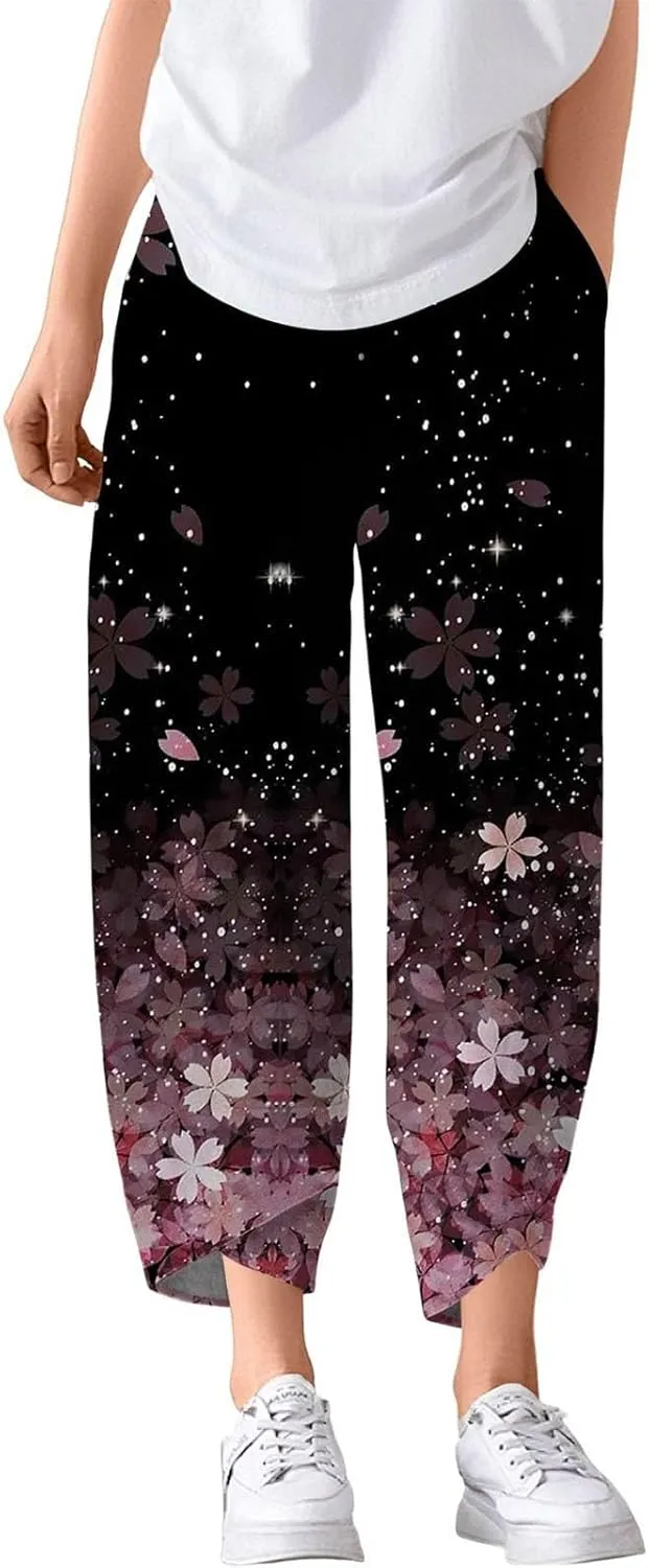 Wide Leg Linen Pants for Women Cropped Summer Palazzo Pant Casual Ankle Length Beach Vacation Trousers with Pockets