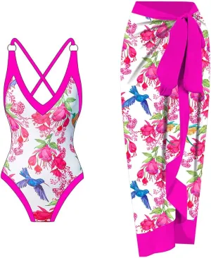 Women One Piece Bathing suit with Cover up set Retro Floral Swimsuit Long Sarong Beach Skirt Swimwear set