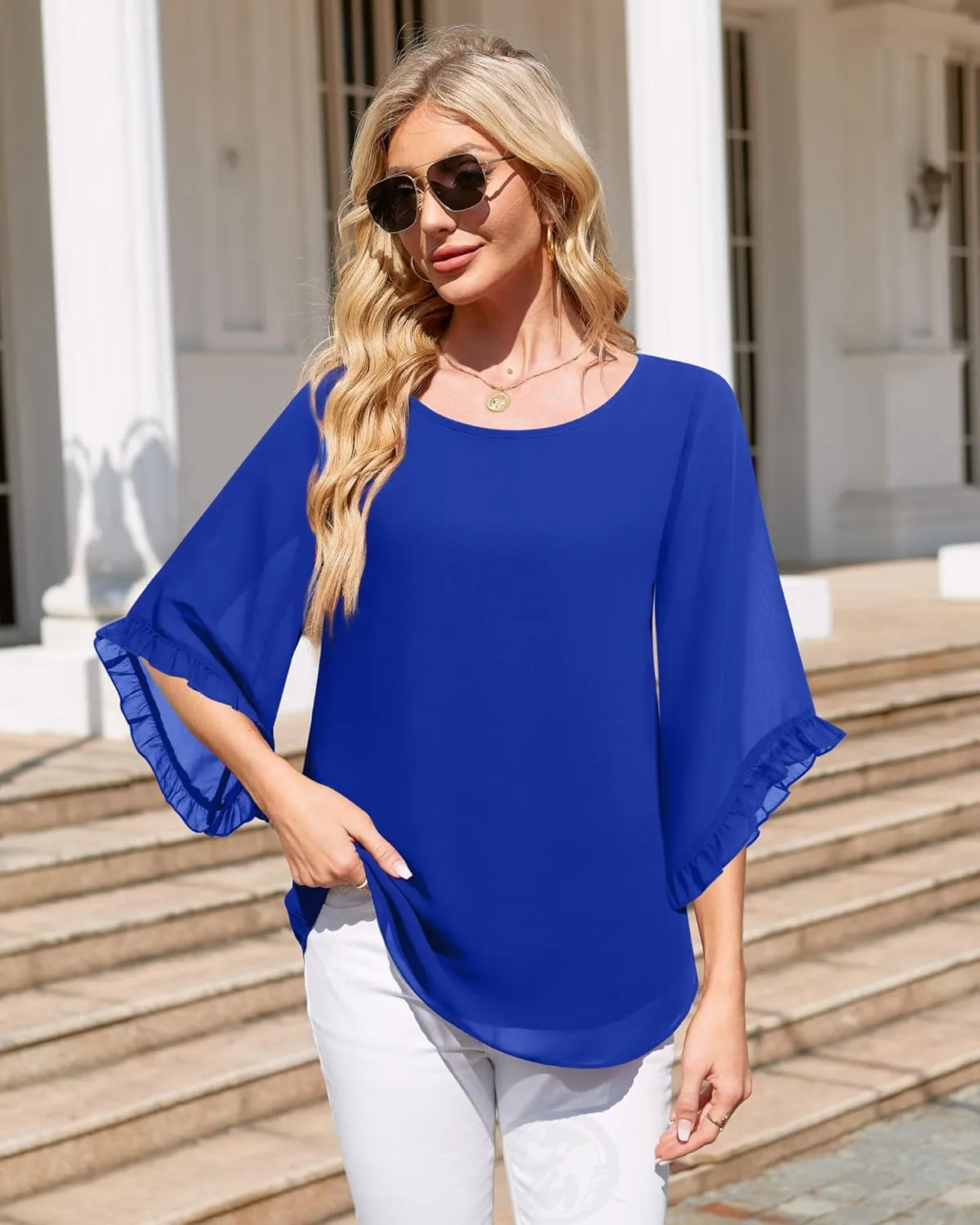 Women's 3/4 Ruffle Sleeve Blouse Tops Double Layers Flowy Shirts Elegant Chiffon Blouses