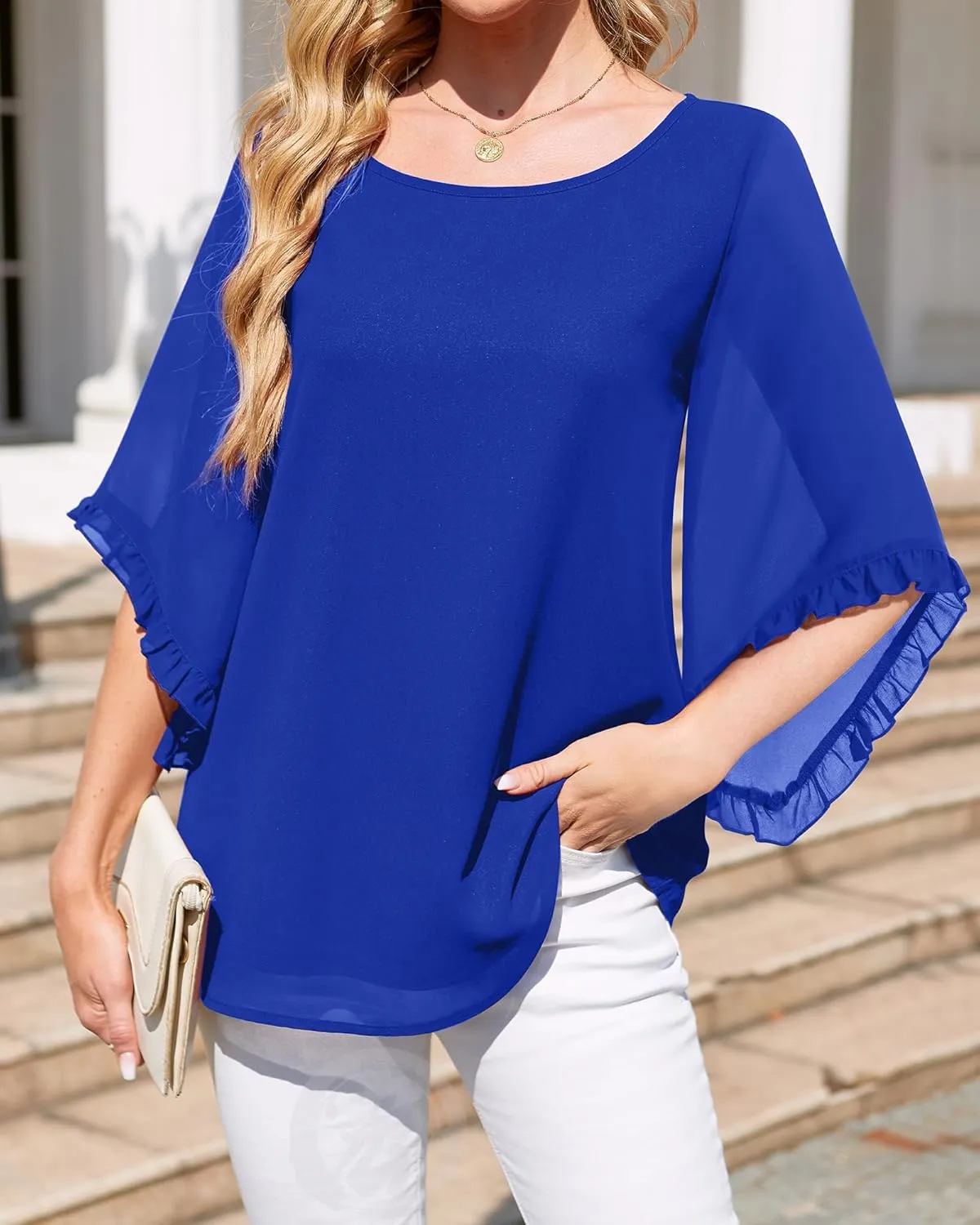 Women's 3/4 Ruffle Sleeve Blouse Tops Double Layers Flowy Shirts Elegant Chiffon Blouses